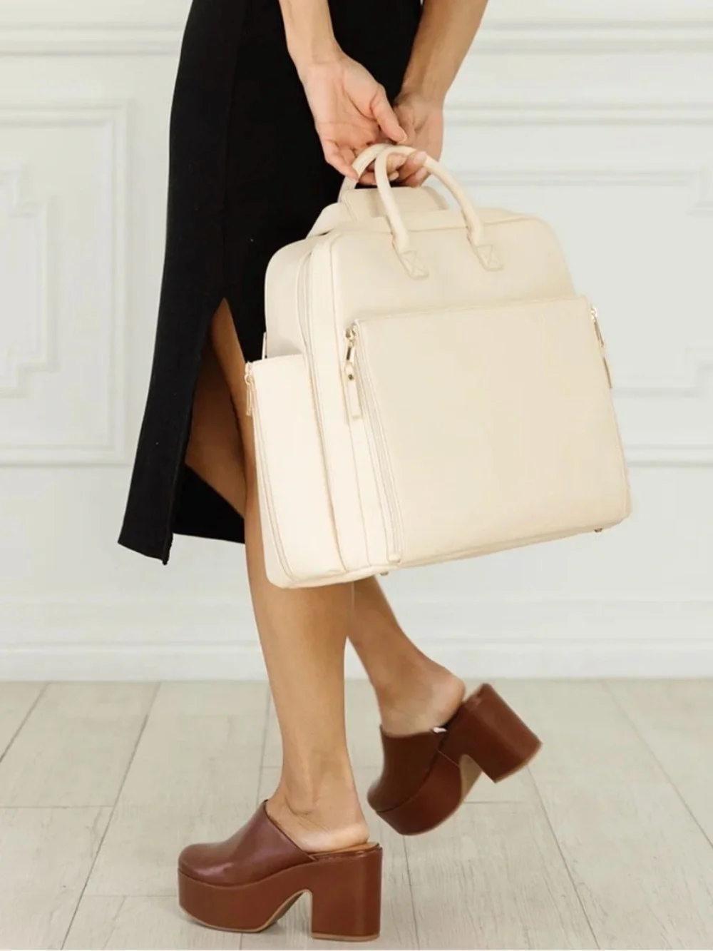 Ayla & Co Cream Structured Tote Bag with Front Pocket